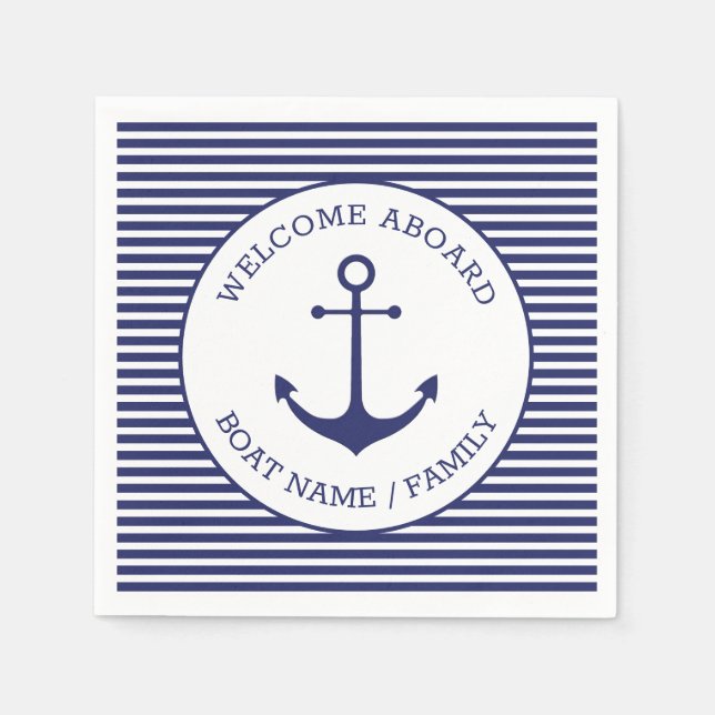 Nautical anchor blue white stripes welcome aboard napkin (Front)