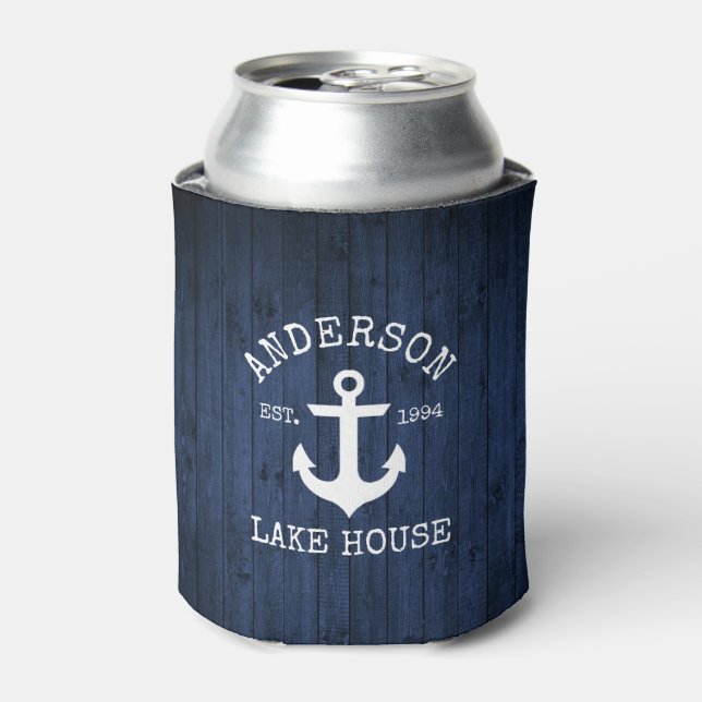 Nautical Anchor Blue Wood Family Lake House Can Cooler (Can Front)