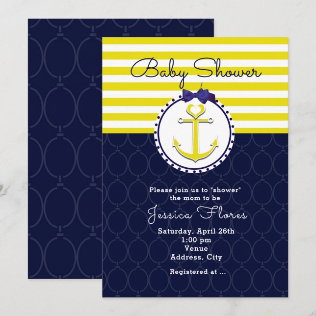 Nautical Anchor Blue Yellow Baby Shower Invitation (Front/Back)