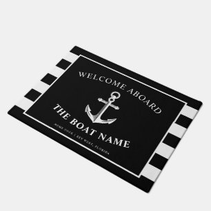 Nautical Anchor Boat & Captain Name Black Stripes Doormat