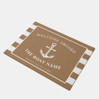 Nautical Anchor Boat & Captain Name Khaki Stripes Doormat