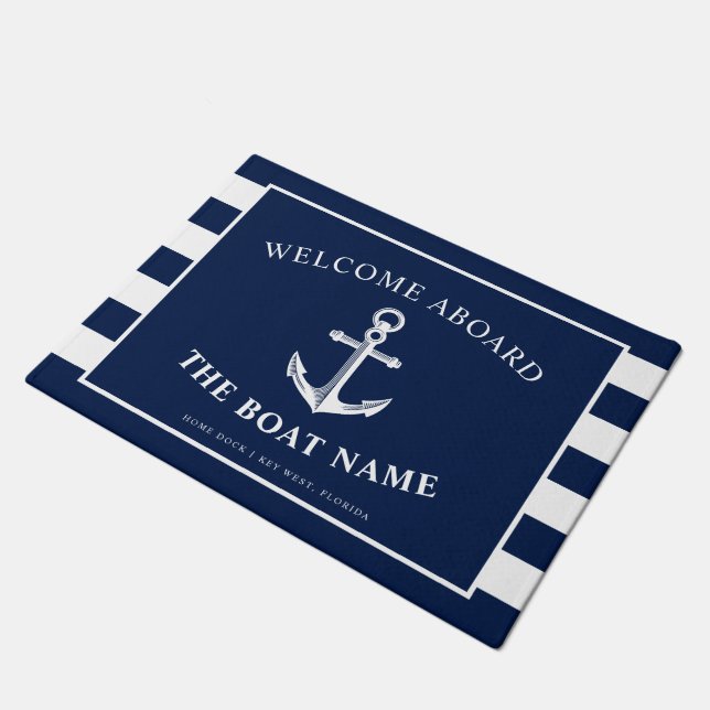 Nautical Anchor Boat & Captain Name Navy Stripes Doormat (Angled)
