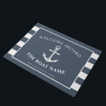 Nautical Anchor Boat & Captain Name Slate Stripes Doormat<br><div class="desc">A doormat featuring a nautical anchor and the custom name of the boat owner and boat.  On the sides are greyish blue slate and white stripes to complement the front text.</div>