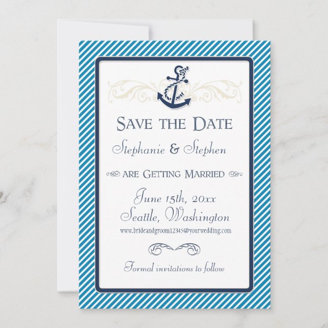 Nautical Anchor Boat Diagonal Stripes Swirl Modern Save The Date (Front)
