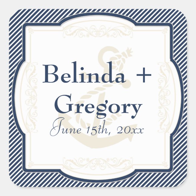 Nautical Anchor Boat Diagonal Stripes Swirl Modern Square Sticker (Front)