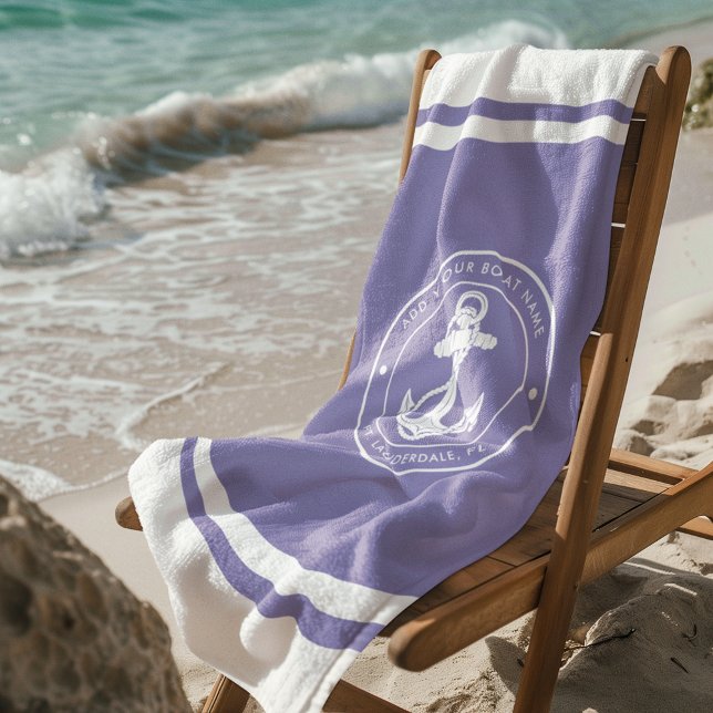 Nautical Anchor Boat Name Any Colour Custom Beach Towel (White Nautical Anchor Lilac Beach Towel)