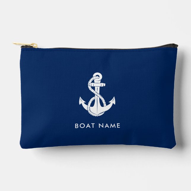 Nautical Anchor Boat Name Minimalist Custom Accessory Pouch (Front)