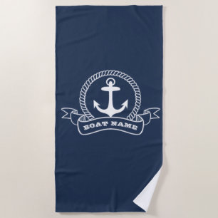 Nautical Anchor Boat Name Navy Blue Beach Towel