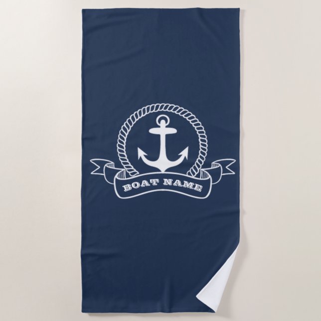 Nautical Anchor Boat Name Navy Blue  Beach Towel (Front)