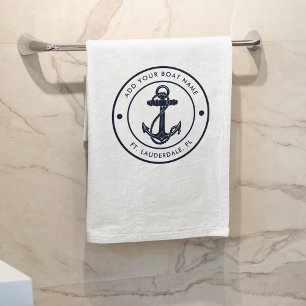 Nautical Anchor Boat Name Navy Blue Boating Custom Bath Towel