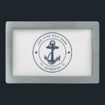 Nautical Anchor Boat Name Navy Blue Boating Custom Belt Buckle<br><div class="desc">Add your boat or captain's name and location by clicking the "Personalise" button above. Set sail in style with our custom nautical-themed boating swag, the ultimate companion for your maritime adventures. This belt buckle boasts a cute design inspired by the ocean's wonders, featuring classic maritime motifs such as an anchor...</div>