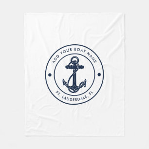 Nautical Anchor Boat Name Navy Blue Boating Custom Fleece Blanket