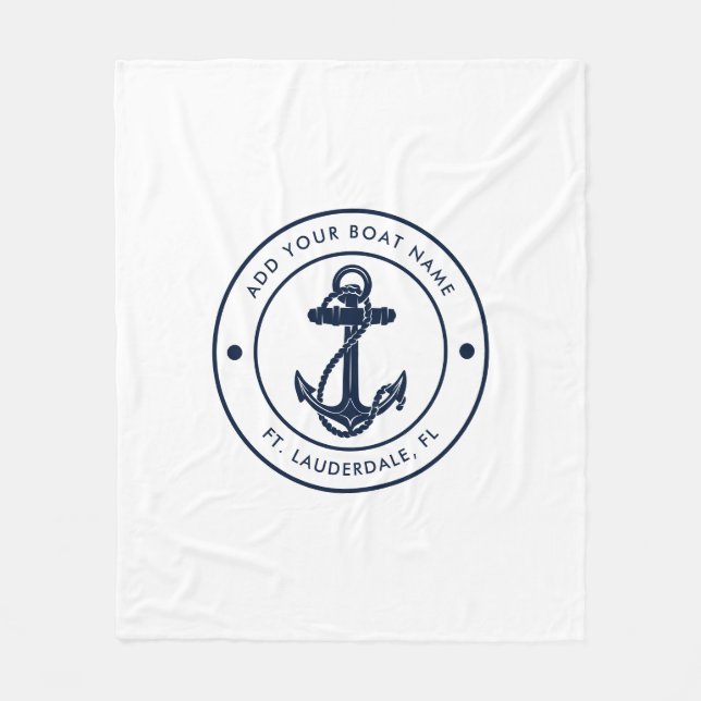 Nautical Anchor Boat Name Navy Blue Boating Custom Fleece Blanket (Front)