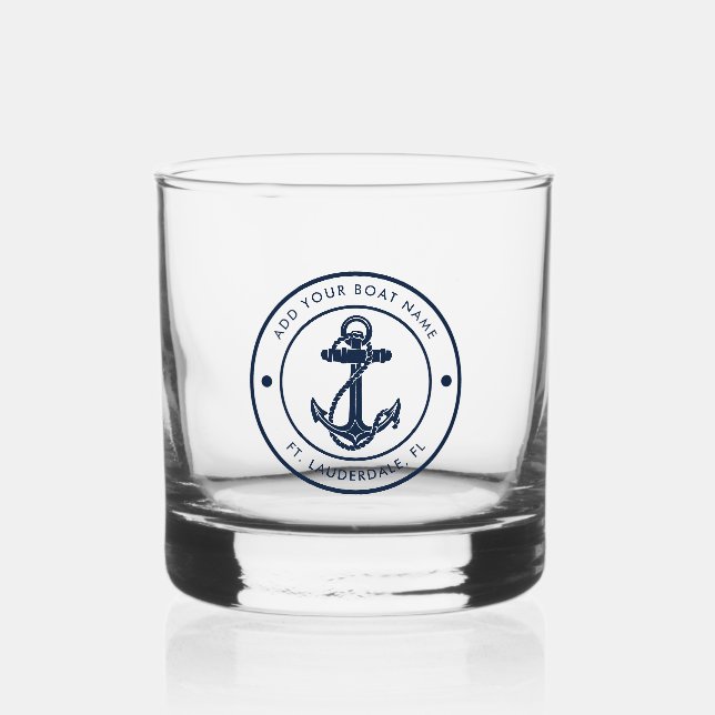 Nautical Anchor Boat Name Navy Blue Boating Custom Whiskey Glass (Front)