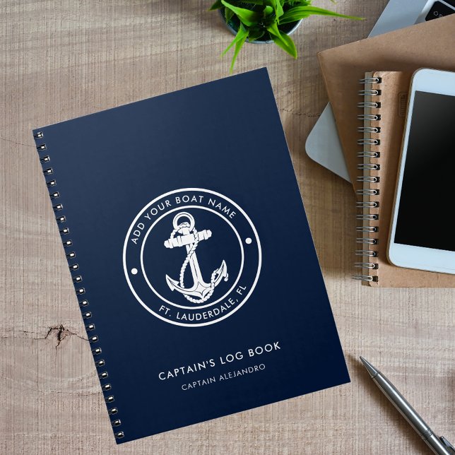 Nautical Anchor Boat Name Navy Blue Captain's Log Notebook (Nautical Anchor Custom Boat Name Log Book)