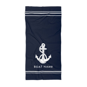 Nautical Anchor Boat Name Navy Blue Custom Beach Towel