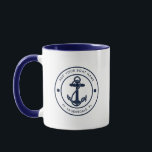 Nautical Anchor Boat Name Navy Blue Custom Mug<br><div class="desc">Add your boat or captain's name and location by clicking the "Personalize" button above. Set sail in style with our custom nautical-themed boating swag coffee mug, the ultimate companion for your maritime adventures. This tote boasts a cute design inspired by the ocean's wonders, featuring classic maritime motifs such as an...</div>