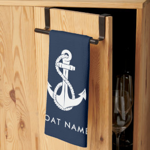 Nautical Anchor Boat Name Navy Blue Custom Tea Towel
