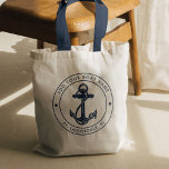 Nautical Anchor Boat Name Navy Blue Custom Tote Bag<br><div class="desc">Add your boat or captain's name and location by clicking the "Personalise" button above. Set sail in style with our custom nautical-themed boating swag tote bag, the ultimate companion for your maritime adventures. This tote boasts a cute design inspired by the ocean's wonders, featuring classic maritime motifs such as an...</div>