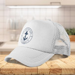 Nautical Anchor Boat Name Navy Blue Custom Trucker Hat<br><div class="desc">Add your boat name, and dock by clicking the "Personalise" button above. Set sail in style with our custom nautical-themed hat, the ultimate companion for your maritime adventures. This trucker hat boasts a cute design inspired by the ocean's wonders, featuring classic maritime motifs such as an anchor and rope. Whether...</div>