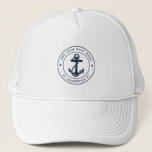 Nautical Anchor Boat Name Navy Blue Custom Trucker Hat<br><div class="desc">Add your boat name, and dock by clicking the "Personalise" button above. Set sail in style with our custom nautical-themed hat, the ultimate companion for your maritime adventures. This trucker hat boasts a cute design inspired by the ocean's wonders, featuring classic maritime motifs such as an anchor and rope. Whether...</div>