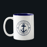 Nautical Anchor Boat Name Navy Blue Custom Two-Tone Coffee Mug<br><div class="desc">Add your boat or captain's name and location by clicking the "Personalise" button above. Set sail in style with our custom nautical-themed boating swag coffee mug, the ultimate companion for your maritime adventures. This tote boasts a cute design inspired by the ocean's wonders, featuring classic maritime motifs such as an...</div>