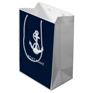 Nautical Anchor Boat Name Navy Blue Modern Medium Gift Bag