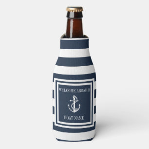 Nautical Anchor Boat Name Navy Blue Striped Bottle Cooler