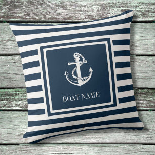 Nautical Anchor Boat Name Navy Blue Striped Cushion