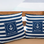 Nautical Anchor Boat Name Navy Blue Striped Cushion<br><div class="desc">Nautical Anchor Boat Name Navy Blue Striped Throw Pillow</div>