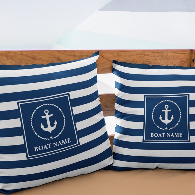 Nautical Anchor Boat Name Navy Blue Striped Cushion (Customize to change text size or text style.)