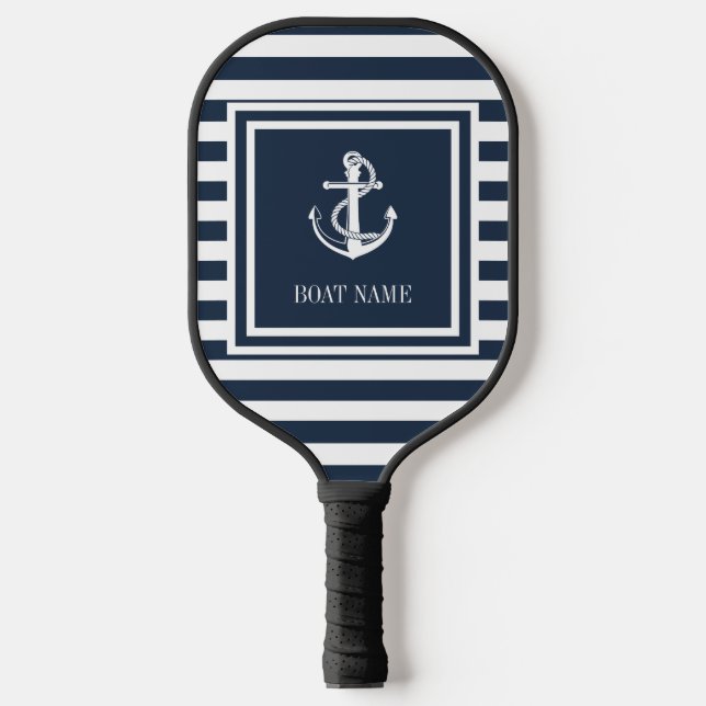 Nautical Anchor Boat Name Navy Blue Striped Pickleball Paddle (Front)