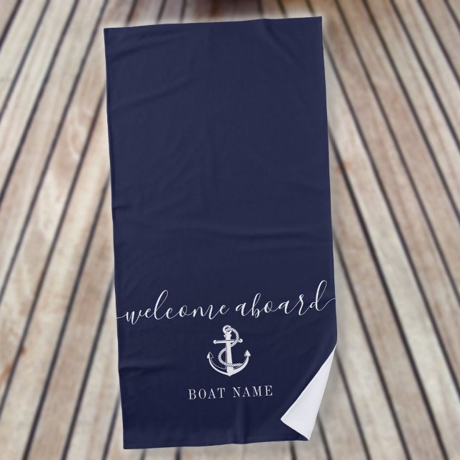 Nautical Anchor Boat Name Navy Blue Welcome Aboard Beach Towel (Creator Uploaded)