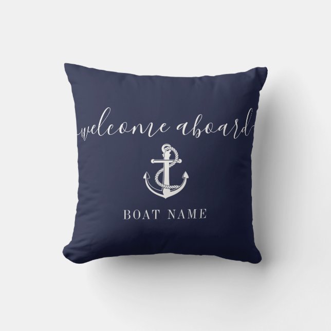 Nautical Anchor Boat Name Navy Blue Welcome Aboard Cushion (Front)