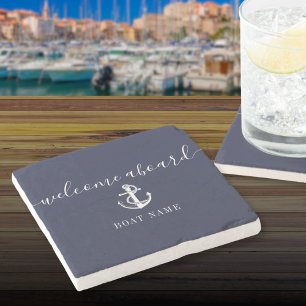 Nautical Anchor Boat Name Navy Blue Welcome Aboard Stone Coaster