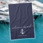 Nautical Anchor Boat Name Navy Blue Welcome Aboard Tea Towel<br><div class="desc">Elegant personalised welcome aboard design featuring your boat or captain's name set in a classic white text on a navy blue background. Designed by Thisisnotme©</div>