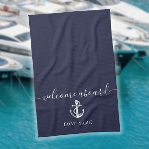 Nautical Anchor Boat Name Navy Blue Welcome Aboard Tea Towel