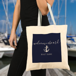 Nautical Anchor Boat Name Navy Blue Welcome Aboard Tote Bag