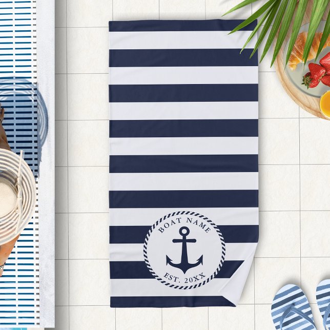 Nautical Anchor Boat Name Navy Blue White Beach Towel (Custom Nautical Navy Blue and White Beach Towel with Anchor  and Stripes)