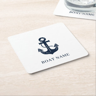 Nautical Anchor Boat Name Square Paper Coaster