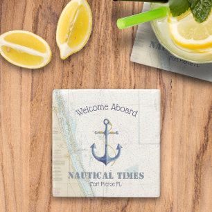 Nautical Anchor & Boat Name Welcome Aboard East FL Stone Coaster