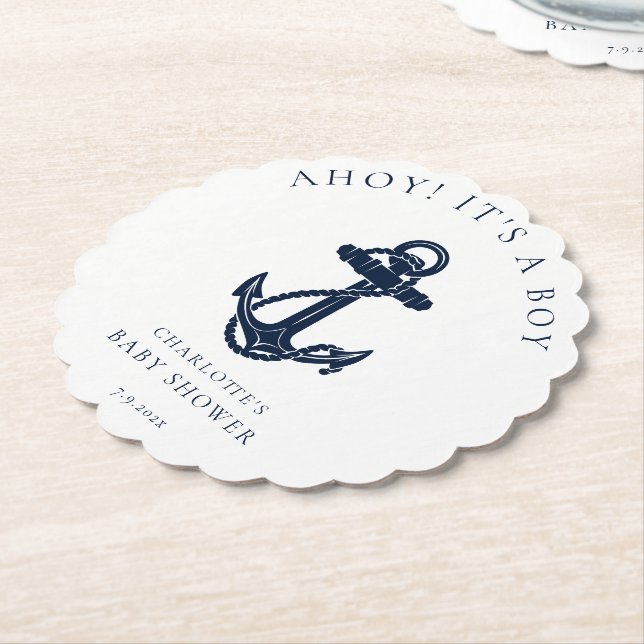 Nautical Anchor Boy Baby Shower Modern Custom Paper Coaster (Angled)