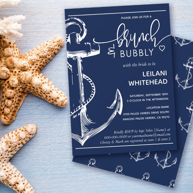 Nautical Anchor Brunch Bubbly Bridal Shower Navy Invitation (Creator Uploaded)