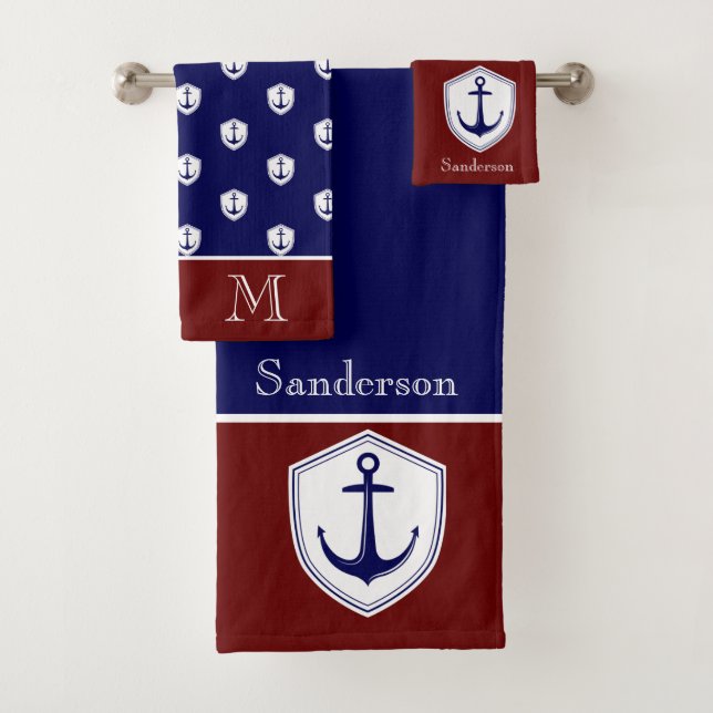 Nautical Anchor Burgundy Bathroom Ocean Navy Bath  Bath Towel Set (Insitu)