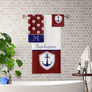 Nautical Anchor Burgundy Bathroom Ocean Navy Bath  Bath Towel Set