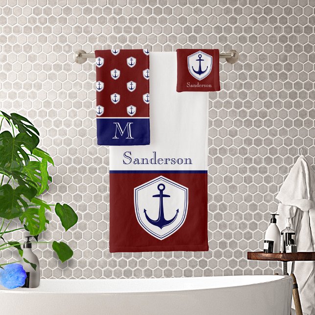 Nautical Anchor Burgundy Bathroom Ocean Navy Bath  Bath Towel Set (Creator Uploaded)