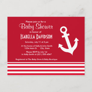 Nautical Anchor; Cadmium Red Stripes; Striped Invitation Postcard