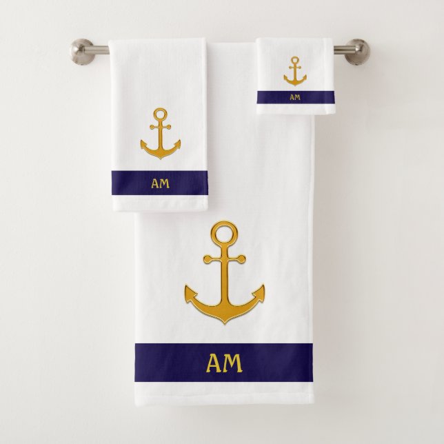 Nautical anchor & calligraphy on white & navy blue bath towel set (Insitu)