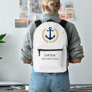 Nautical Anchor Captain Boat Name Gold Laurel Navy Printed Backpack