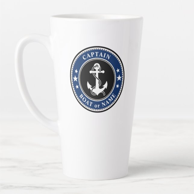 Nautical Anchor Captain Boat or Name Large Navy Latte Mug (Left)